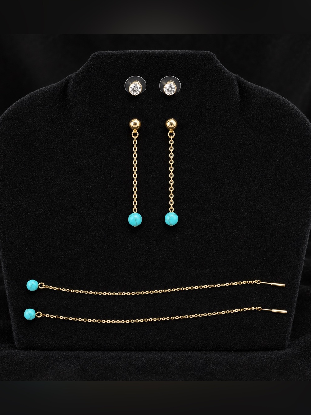 3-Pairs Gold-Tone Turquoise Earring Set